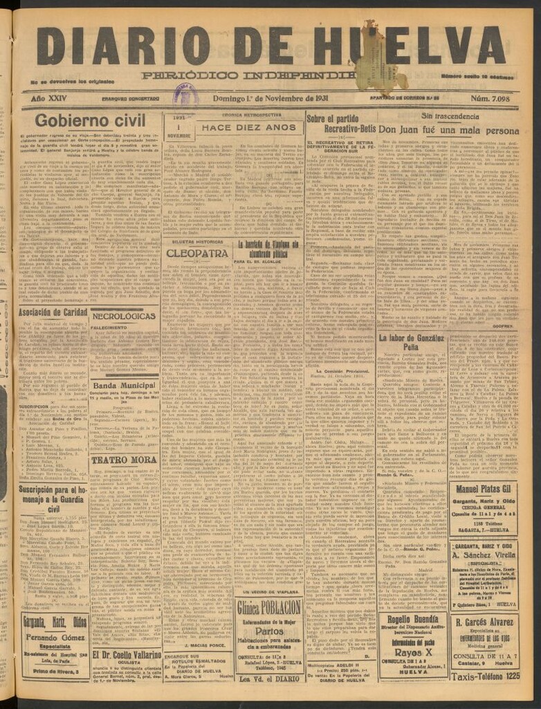 Miniatura de Diario de Huelva : periódico independiente del 1 de noviembre de 1931