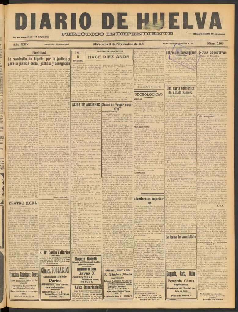 Miniatura de Diario de Huelva : periódico independiente del 11 de noviembre de 1931