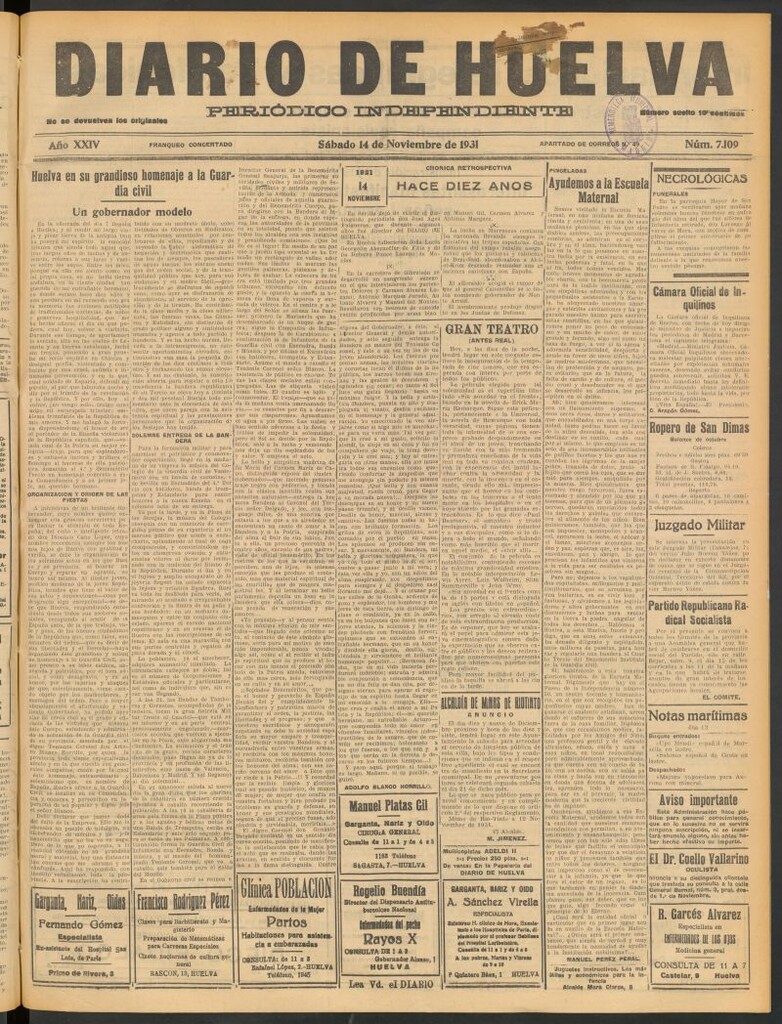 Miniatura de Diario de Huelva : periódico independiente del 14 de noviembre de 1931