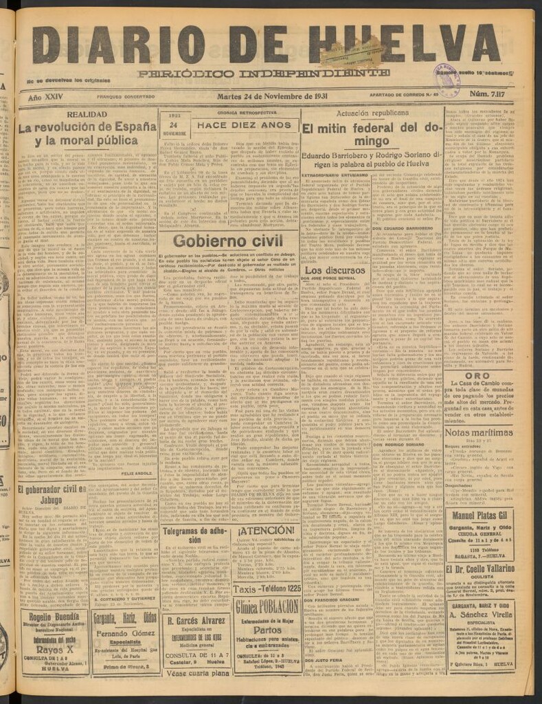 Miniatura de Diario de Huelva : periódico independiente del 24 de noviembre de 1931