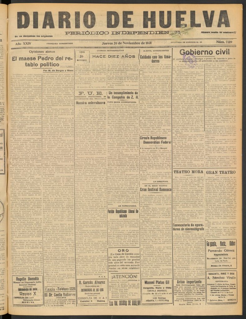 Miniatura de Diario de Huelva : periódico independiente del 26 de noviembre de 1931