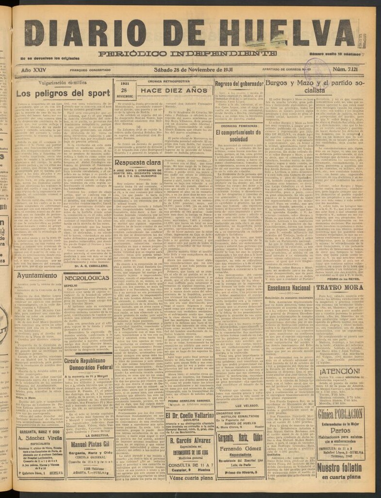 Miniatura de Diario de Huelva : periódico independiente del 28 de noviembre de 1931