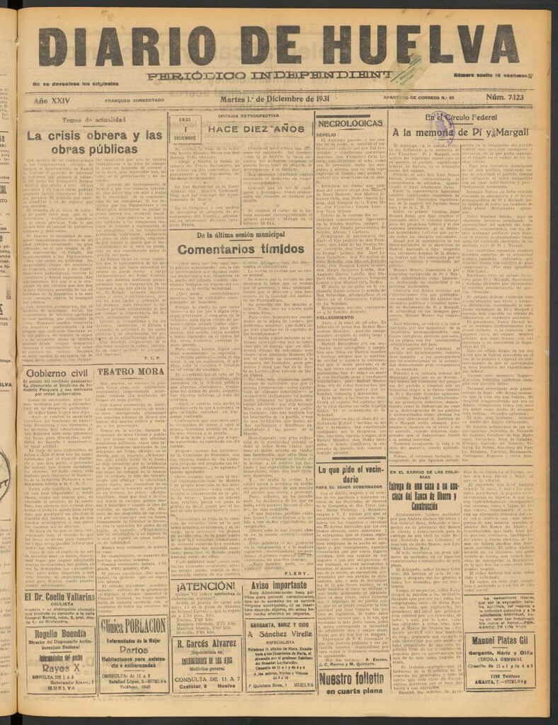Miniatura de Diario de Huelva : periódico independiente del 1 de diciembre de 1931