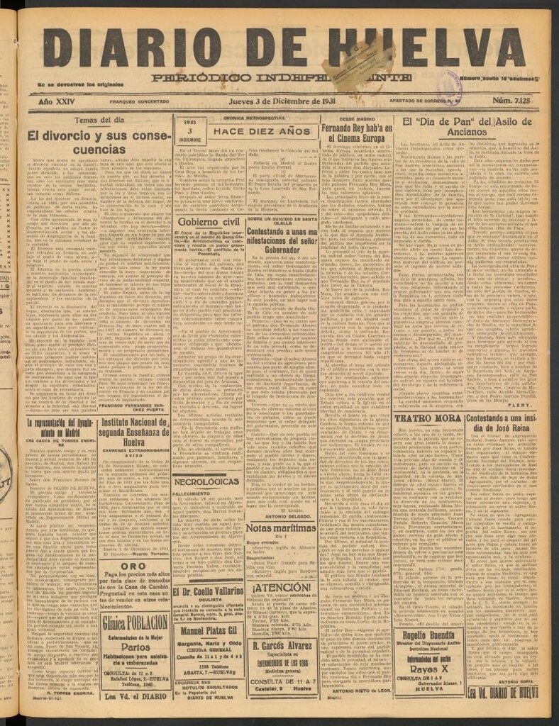 Miniatura de Diario de Huelva : periódico independiente del 3 de diciembre de 1931