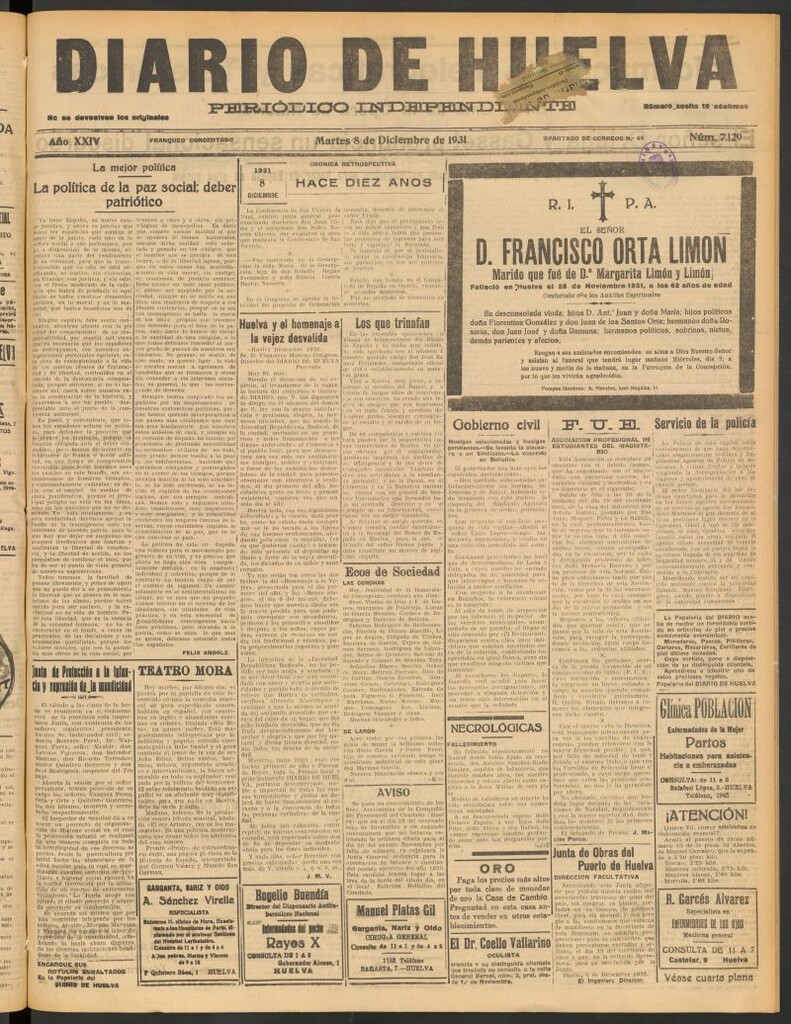 Miniatura de Diario de Huelva : periódico independiente del 8 de diciembre de 1931
