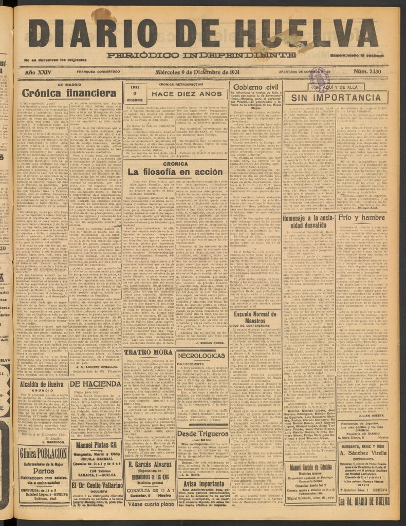Miniatura de Diario de Huelva : periódico independiente del 9 de diciembre de 1931
