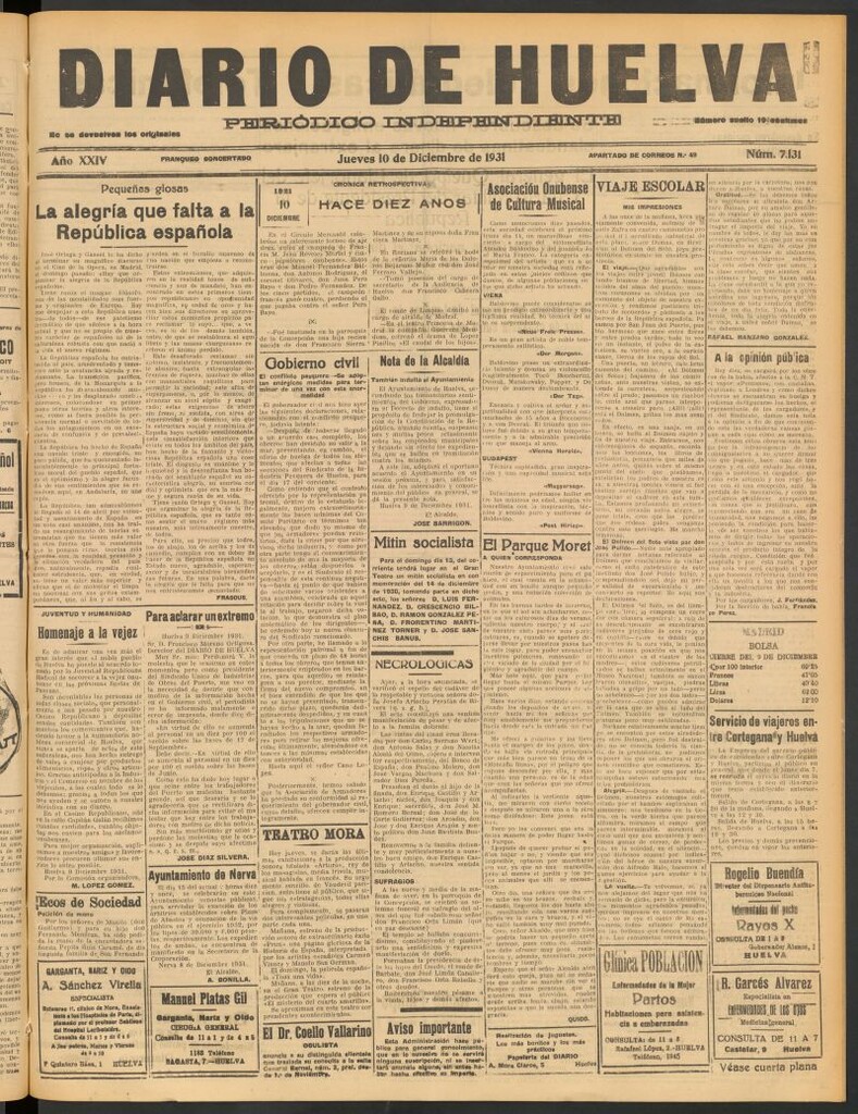 Miniatura de Diario de Huelva : periódico independiente del 10 de diciembre de 1931