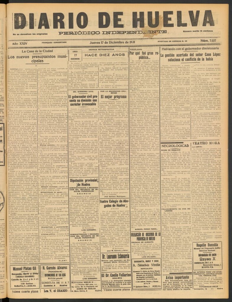 Miniatura de Diario de Huelva : periódico independiente del 17 de diciembre de 1931