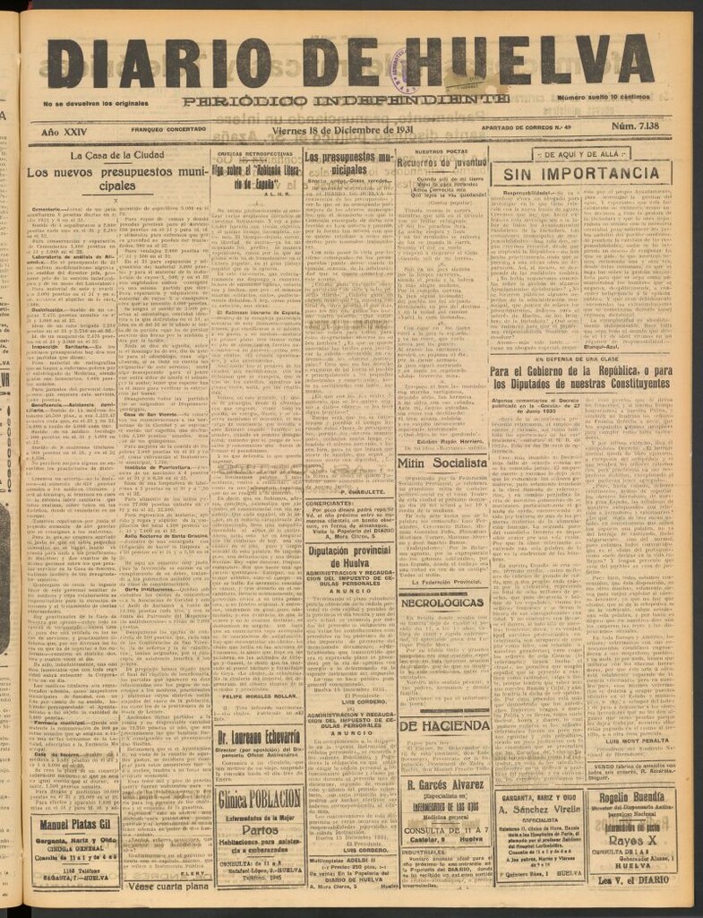 Miniatura de Diario de Huelva : periódico independiente del 18 de diciembre de 1931