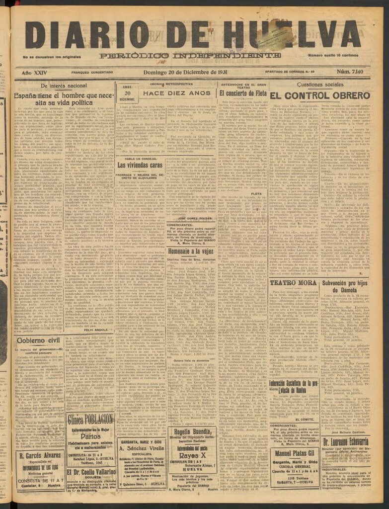 Miniatura de Diario de Huelva : periódico independiente del 20 de diciembre de 1931