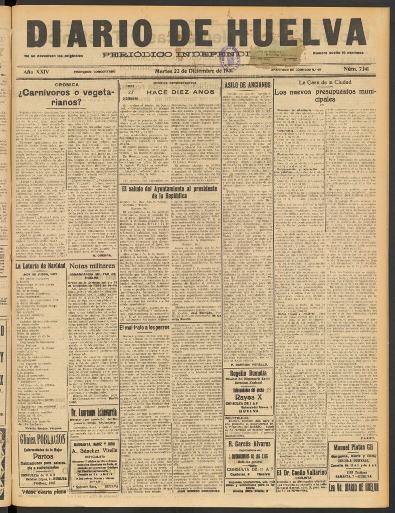 Miniatura de Diario de Huelva : periódico independiente del 22 de diciembre de 1931