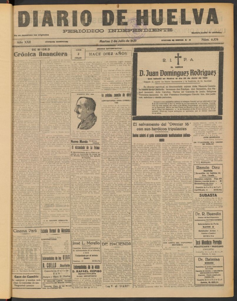 Miniatura de Diario de Huelva : periódico independiente del 2 de julio de 1929