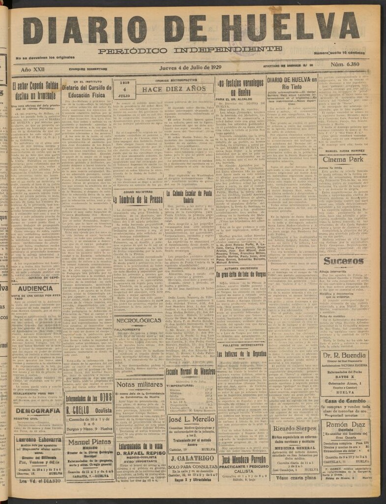 Miniatura de Diario de Huelva : periódico independiente del 4 de julio de 1929