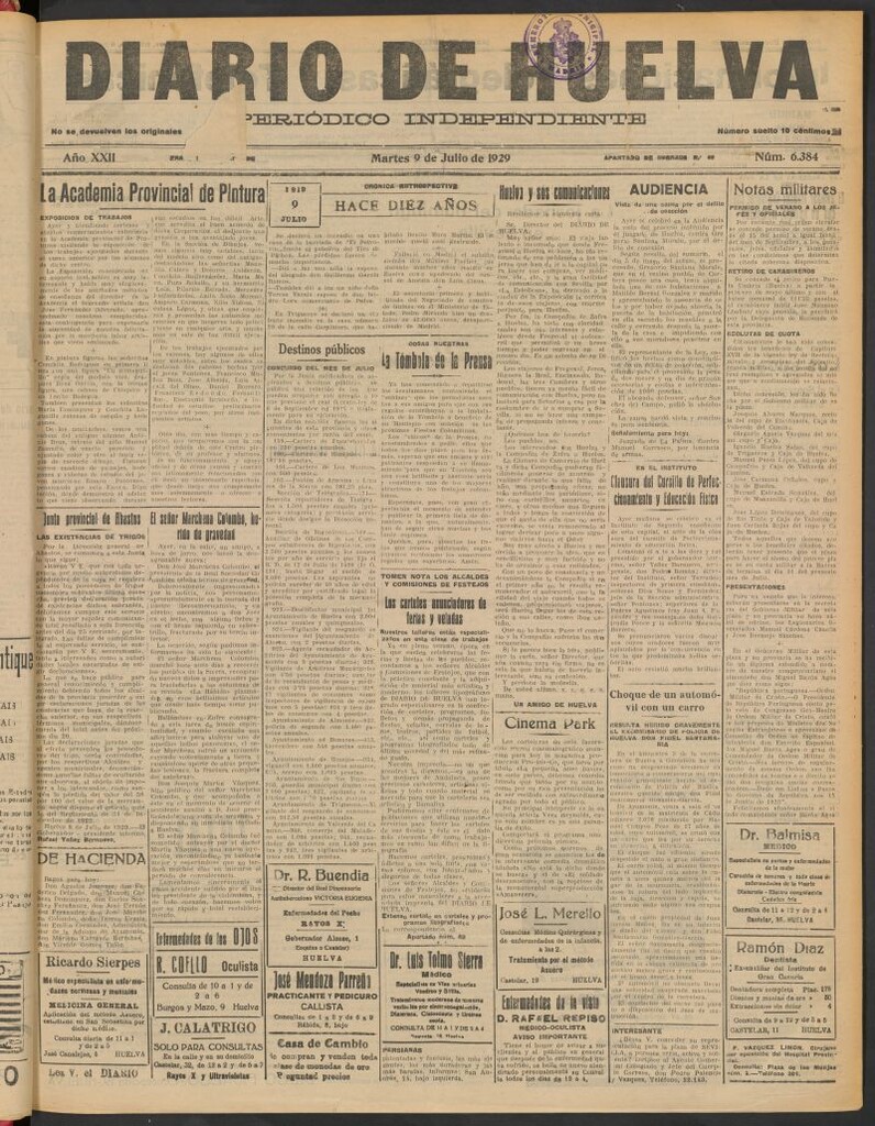 Miniatura de Diario de Huelva : periódico independiente del 9 de julio de 1929