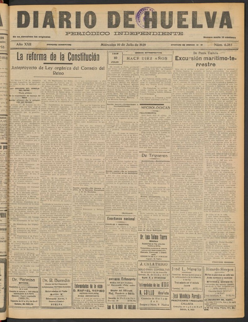 Miniatura de Diario de Huelva : periódico independiente del 10 de julio de 1929