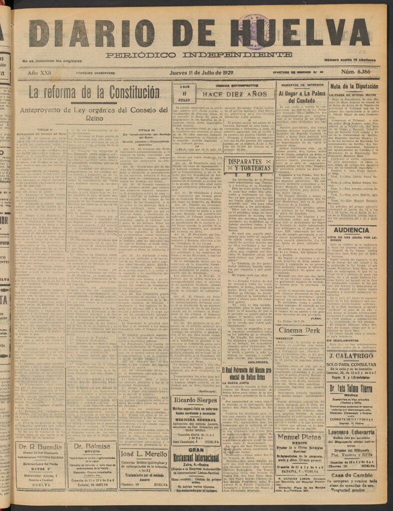 Miniatura de Diario de Huelva : periódico independiente del 11 de julio de 1929