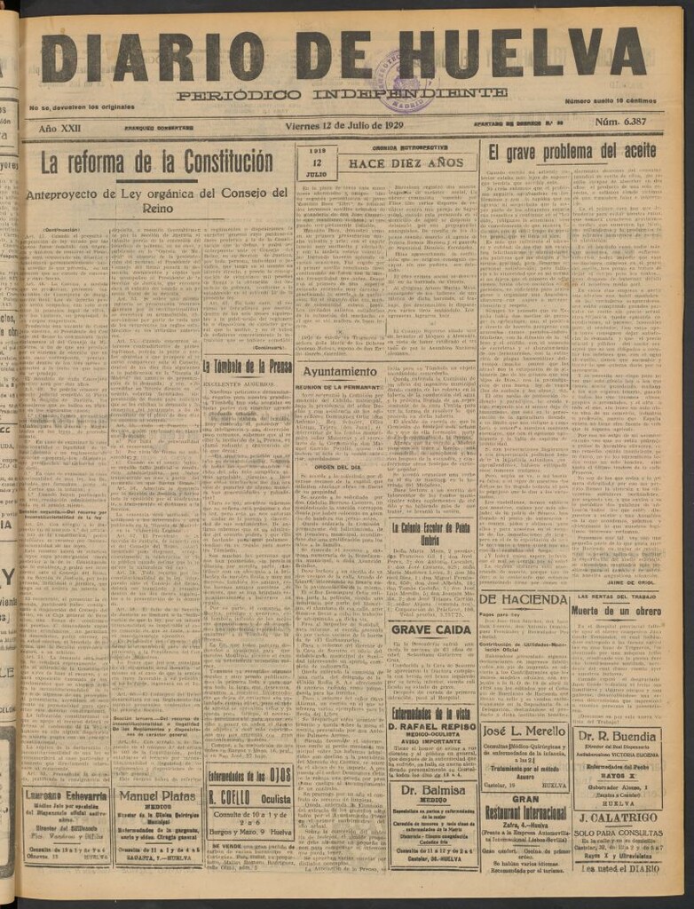 Miniatura de Diario de Huelva : periódico independiente del 12 de julio de 1929