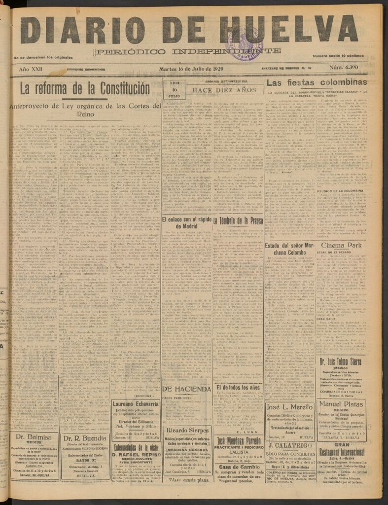Miniatura de Diario de Huelva : periódico independiente del 16 de julio de 1929