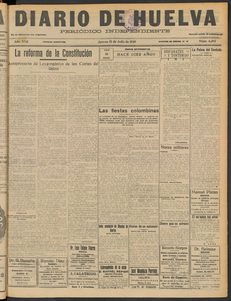 Miniatura de Diario de Huelva : periódico independiente del 18 de julio de 1929