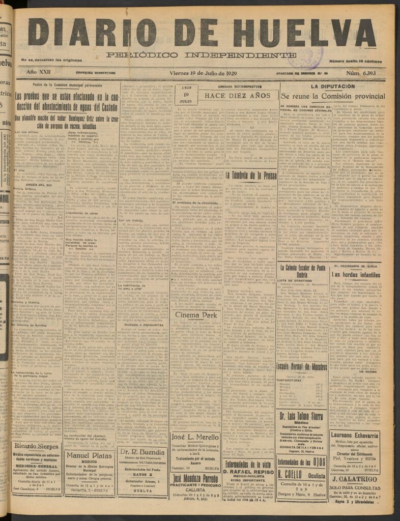 Miniatura de Diario de Huelva : periódico independiente del 19 de julio de 1929