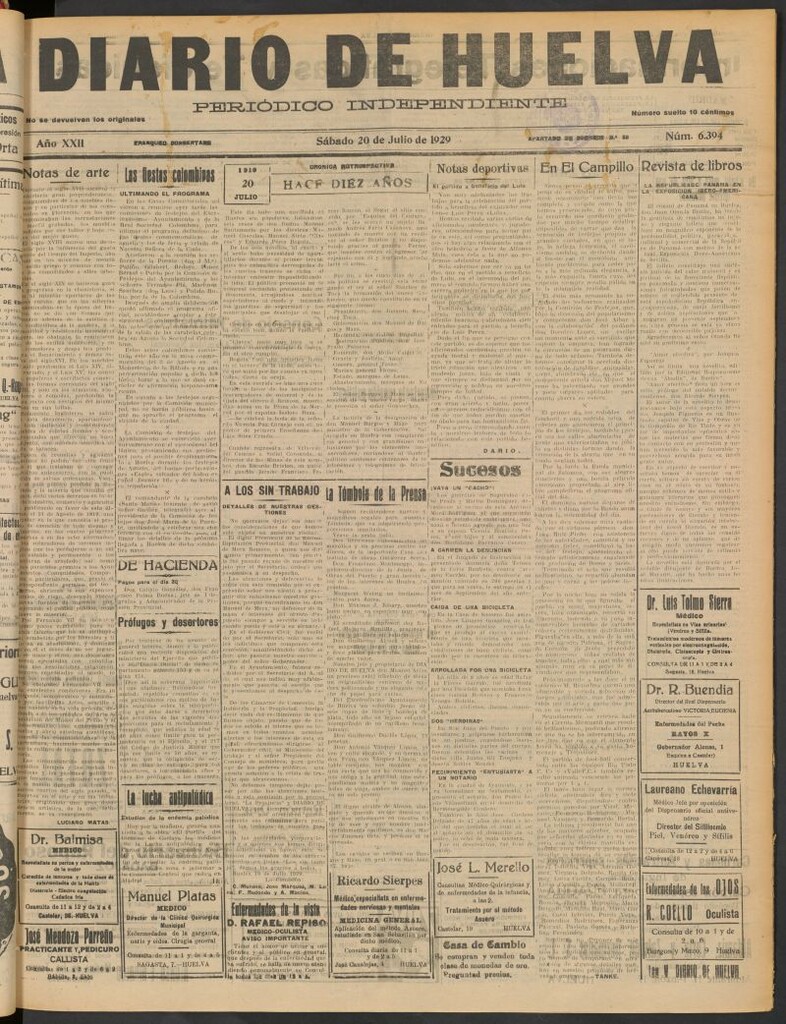 Miniatura de Diario de Huelva : periódico independiente del 20 de julio de 1929