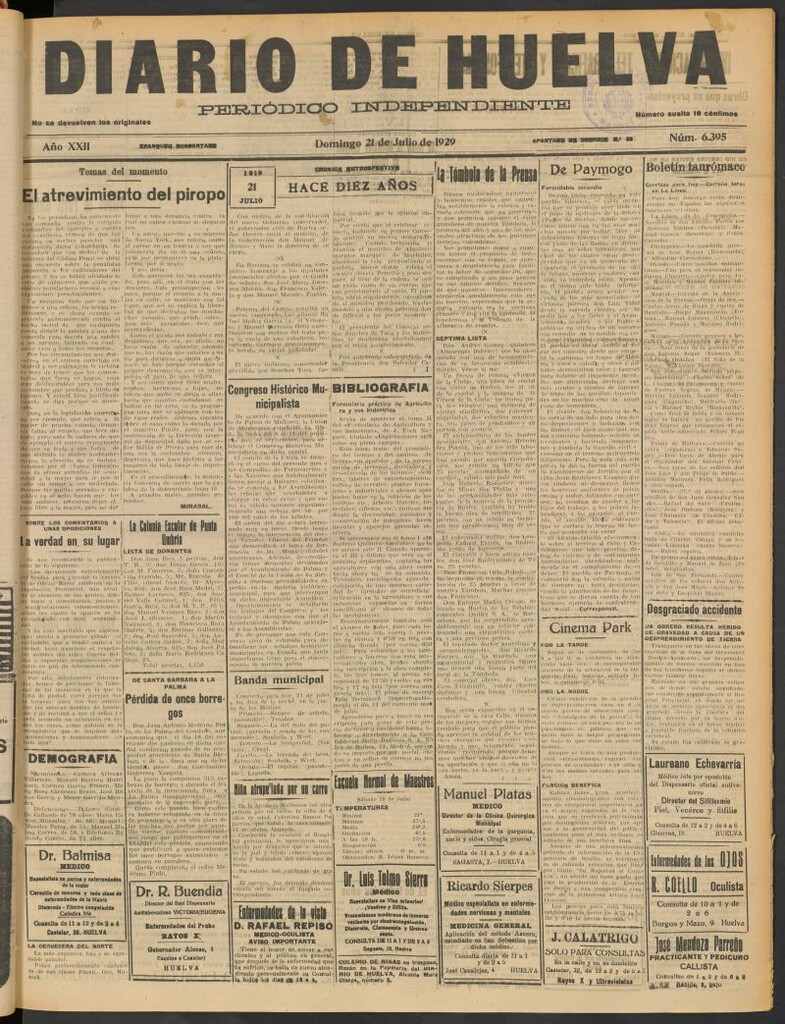 Miniatura de Diario de Huelva : periódico independiente del 21 de julio de 1929
