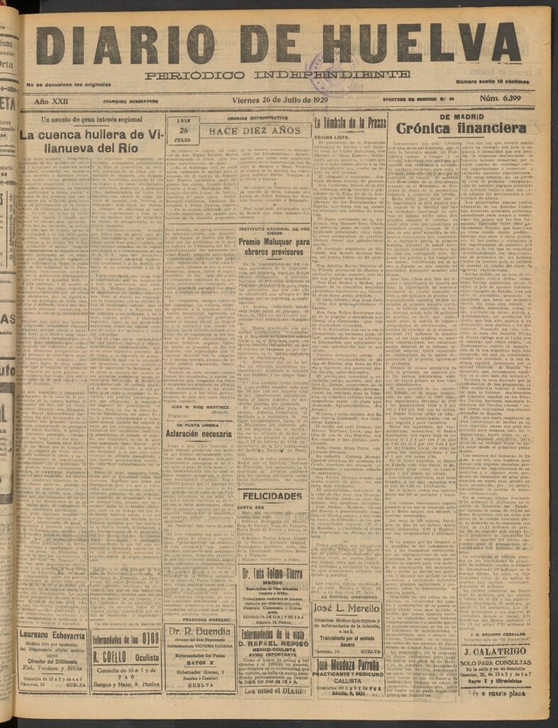 Miniatura de Diario de Huelva : periódico independiente del 26 de julio de 1929