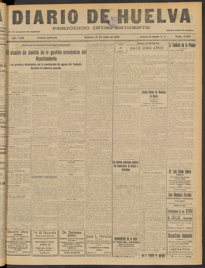 Miniatura de Diario de Huelva : periódico independiente del 27 de julio de 1929