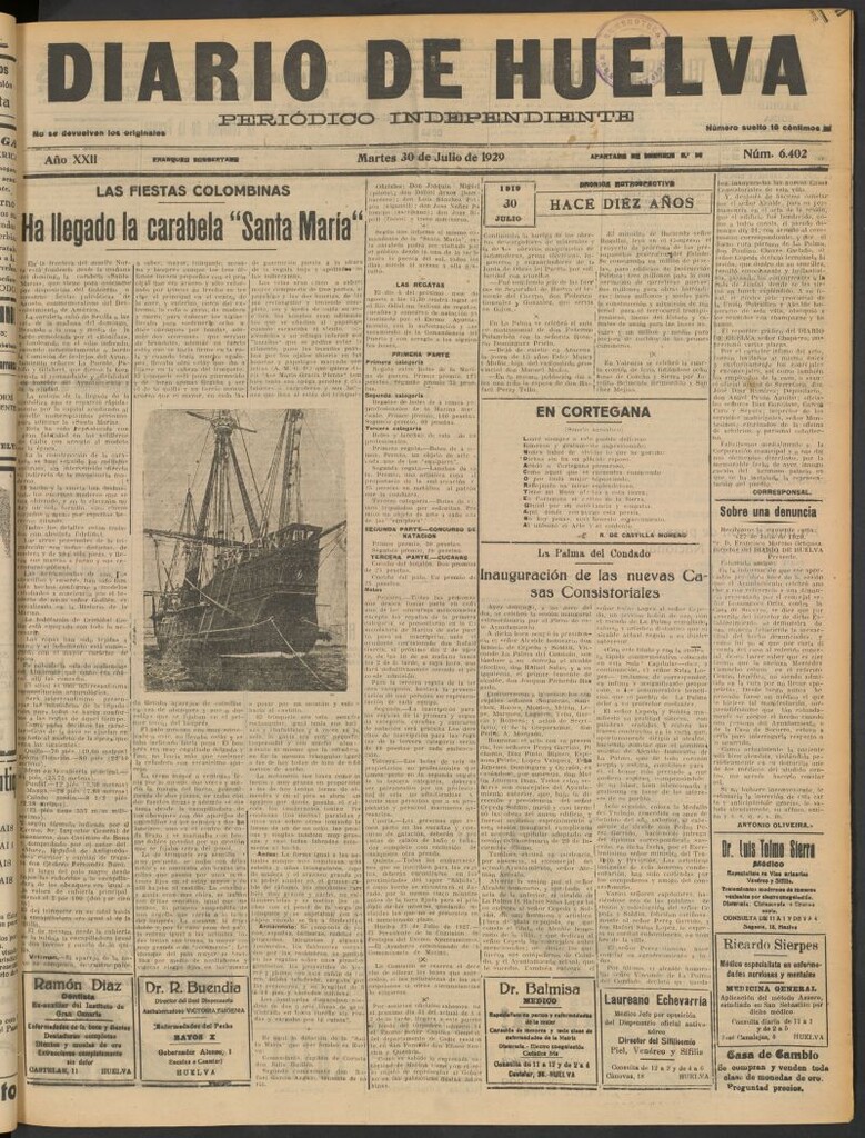 Miniatura de Diario de Huelva : periódico independiente del 30 de julio de 1929
