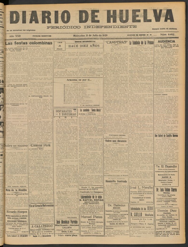 Miniatura de Diario de Huelva : periódico independiente del 31 de julio de 1929