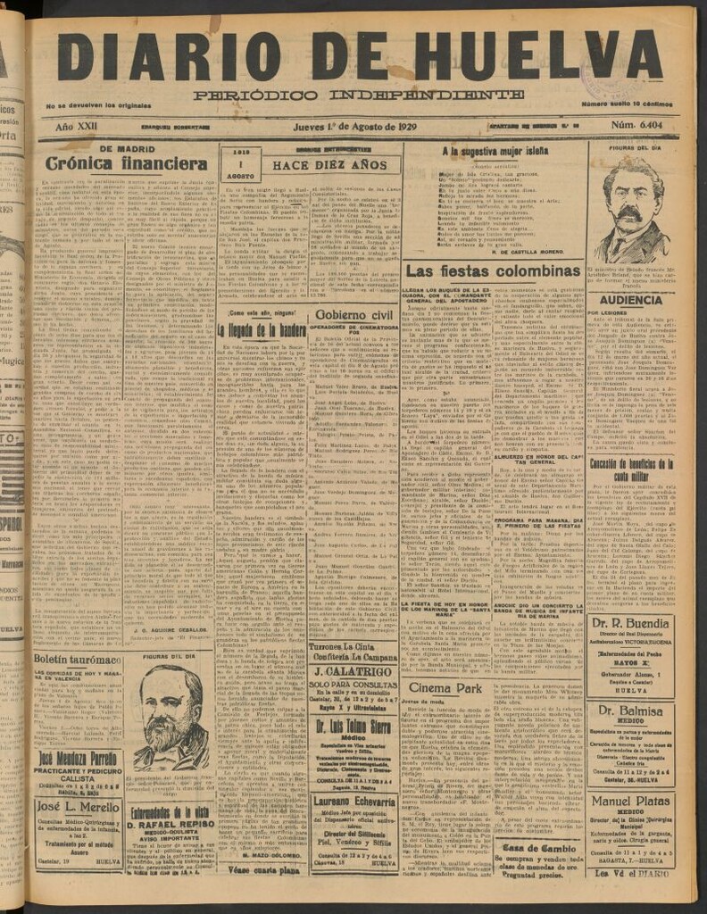Miniatura de Diario de Huelva : periódico independiente del 1 de agosto de 1929