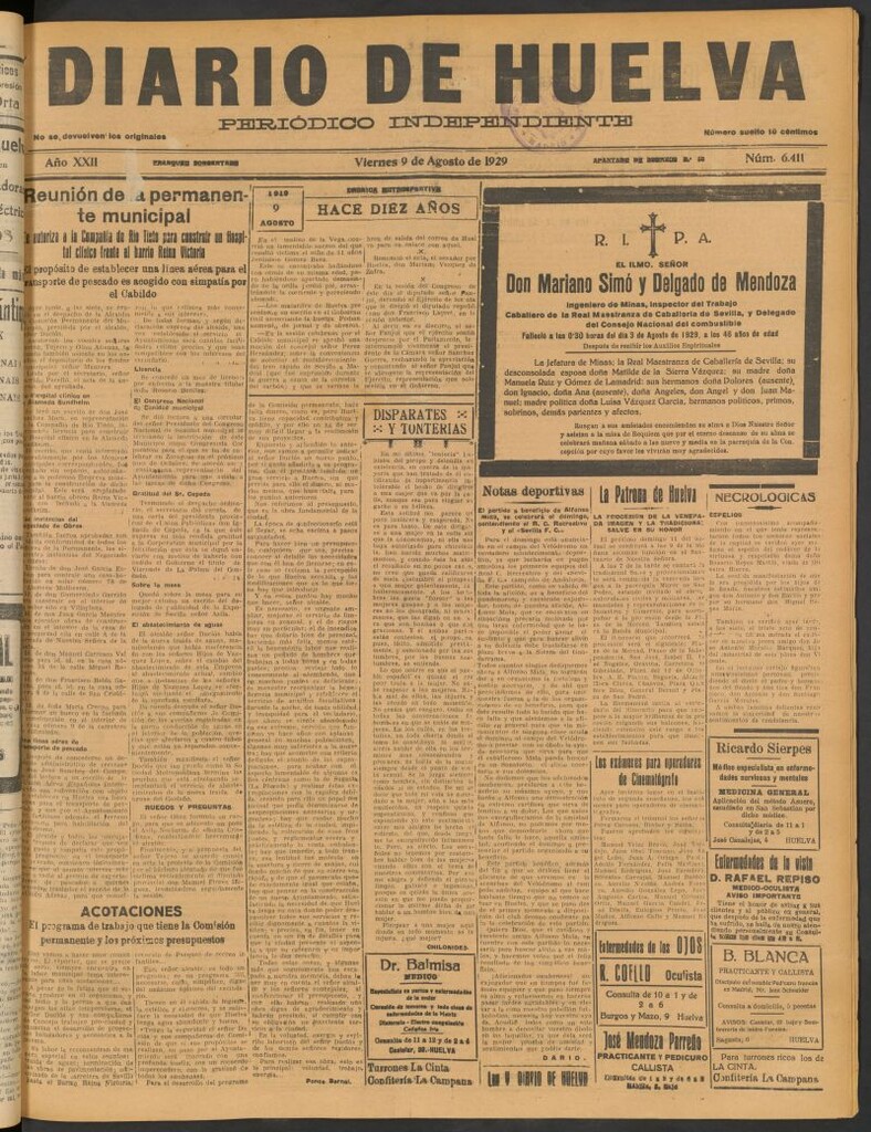 Miniatura de Diario de Huelva : periódico independiente del 9 de agosto de 1929