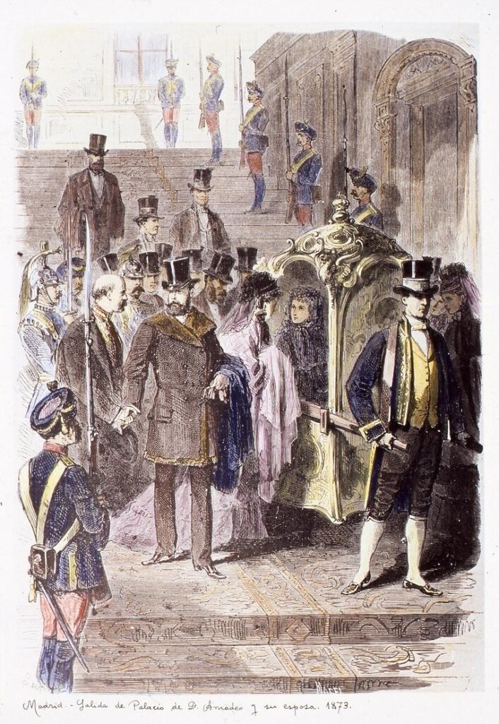 Miniatura de Salida de Palacio de Don Amadeo y su esposa. 1873
