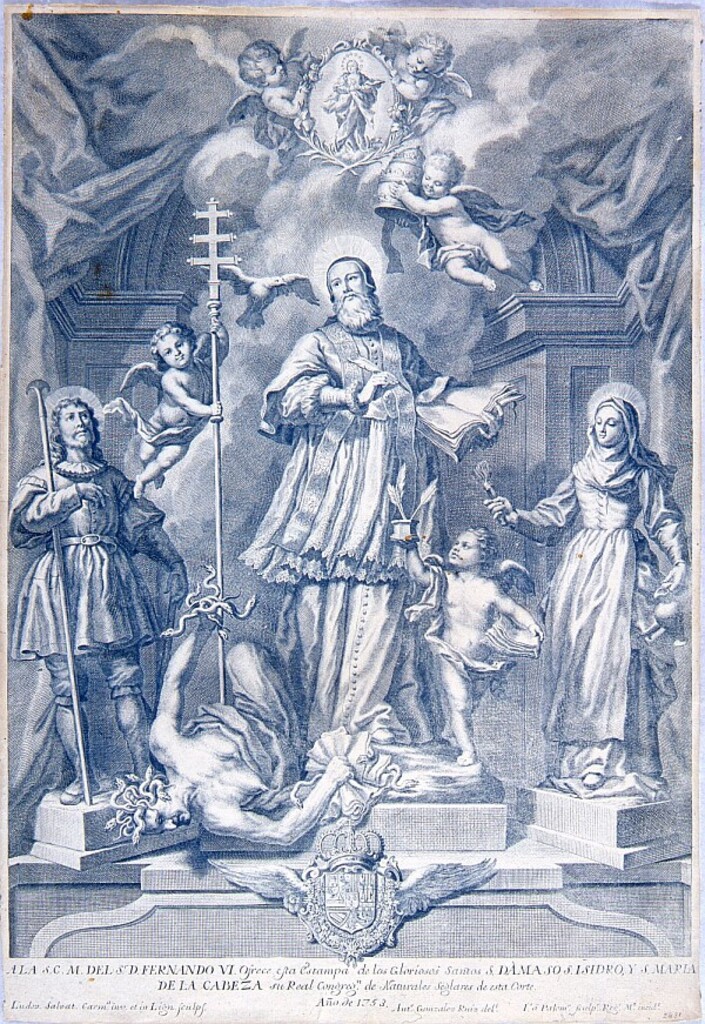 Miniatura de San Dámaso, San Isidro y Santa María de la Cabeza