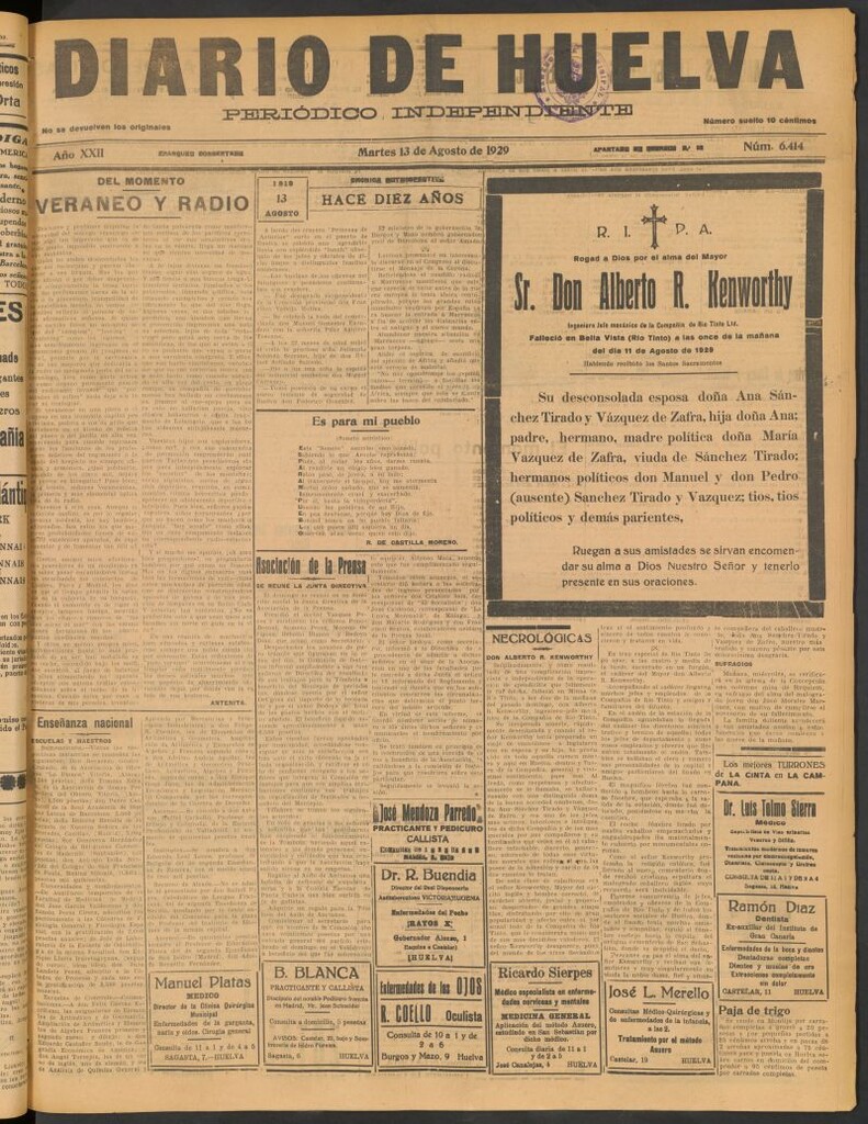 Miniatura de Diario de Huelva : periódico independiente del 13 de agosto de 1929