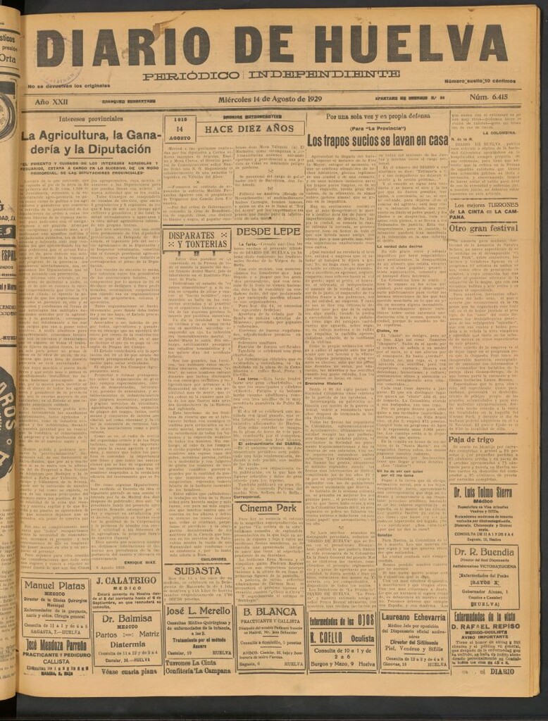 Miniatura de Diario de Huelva : periódico independiente del 14 de agosto de 1929