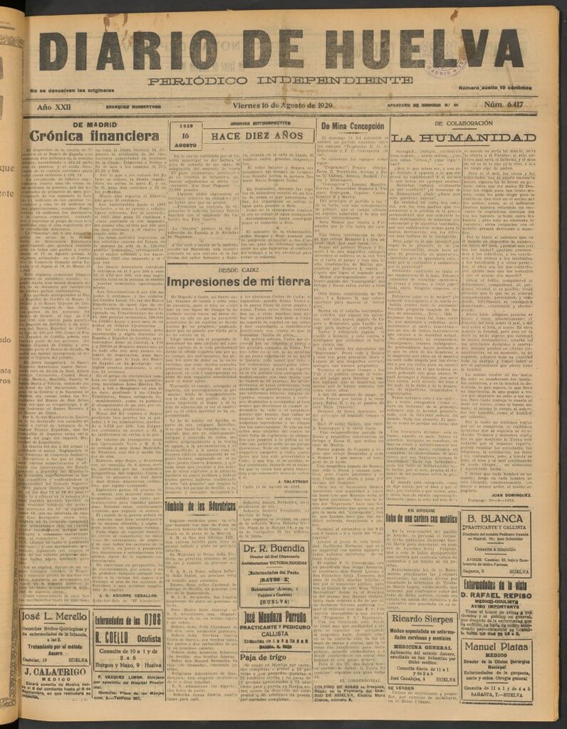 Miniatura de Diario de Huelva : periódico independiente del 16 de agosto de 1929