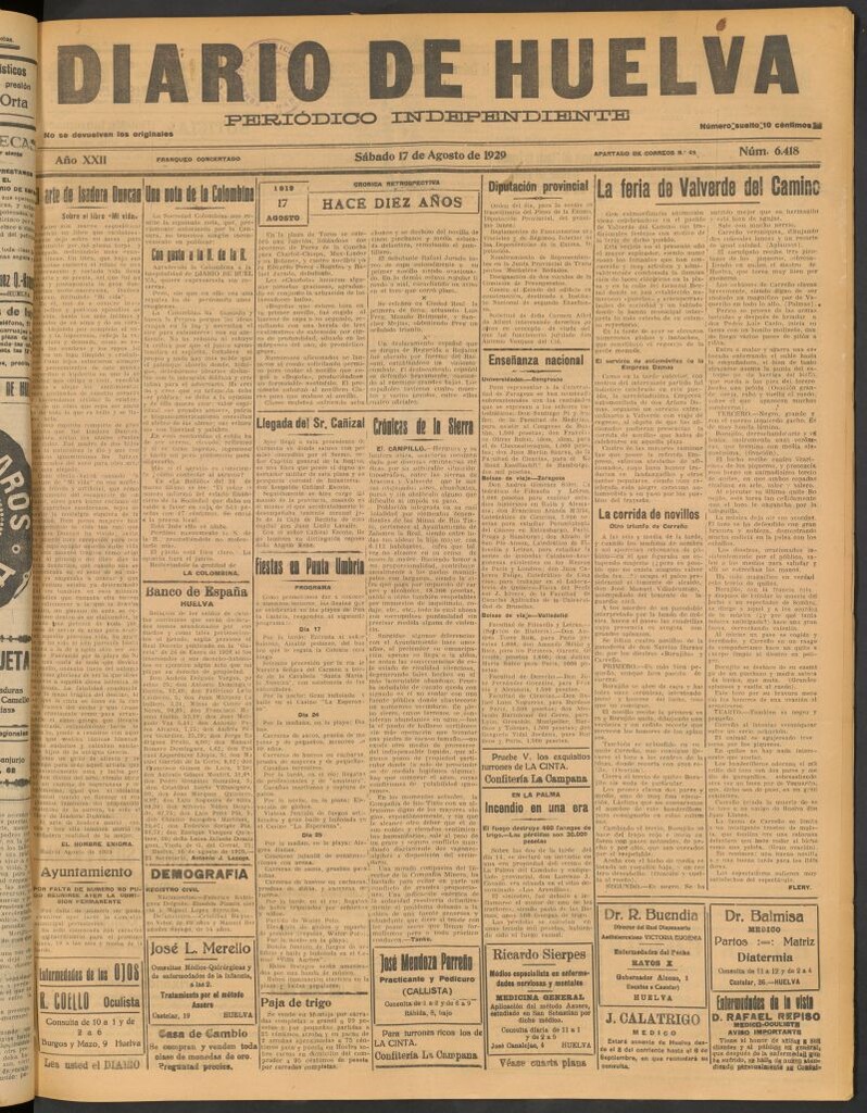 Miniatura de Diario de Huelva : periódico independiente del 17 de agosto de 1929