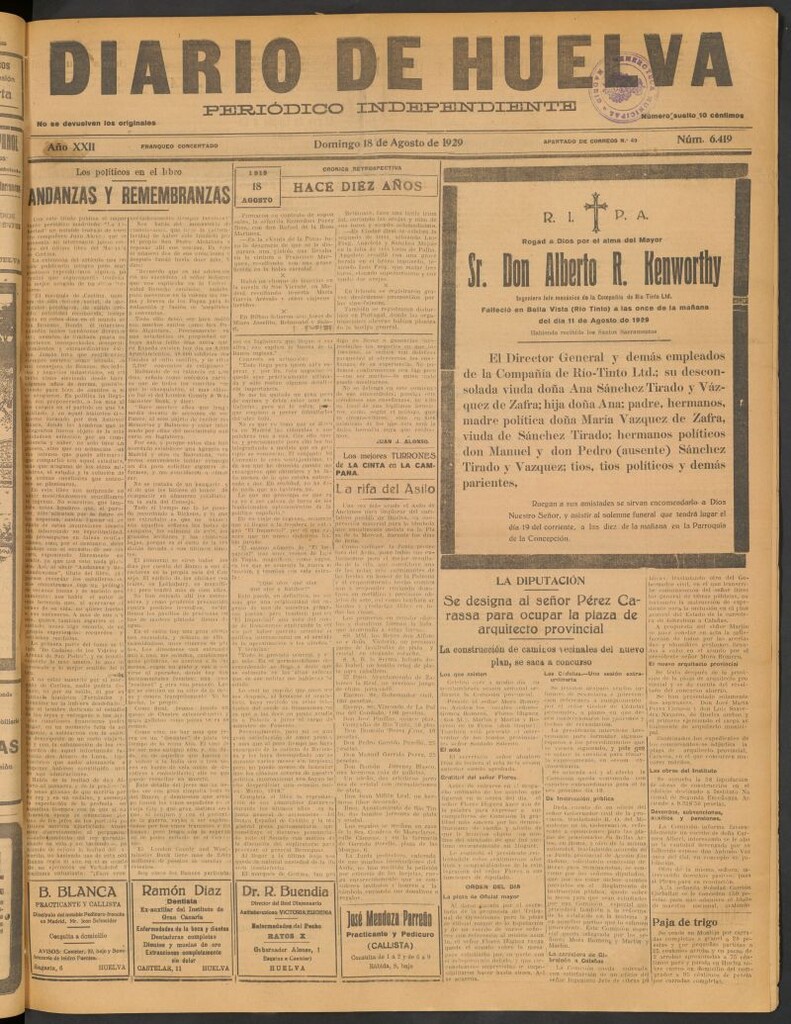 Miniatura de Diario de Huelva : periódico independiente del 18 de agosto de 1929
