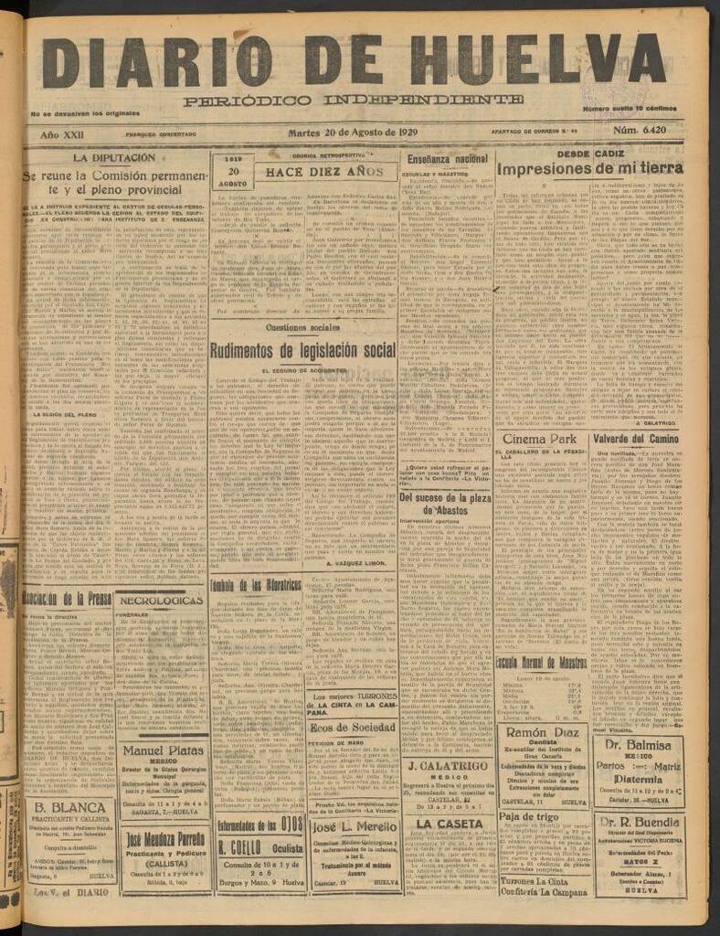 Miniatura de Diario de Huelva : periódico independiente del 20 de agosto de 1929