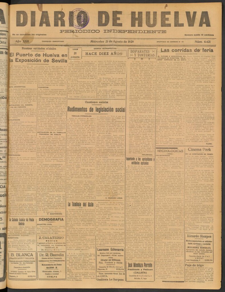 Miniatura de Diario de Huelva : periódico independiente del 21 de agosto de 1929