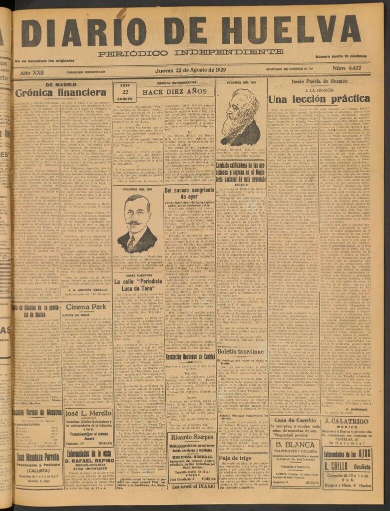 Miniatura de Diario de Huelva : periódico independiente del 22 de agosto de 1929