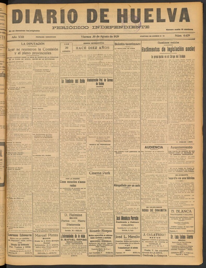 Miniatura de Diario de Huelva : periódico independiente del 30 de agosto de 1929