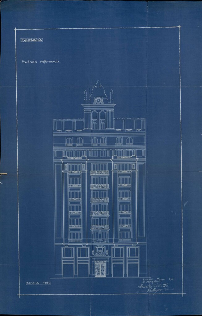 Miniatura de Alzado de la fachada reformada del proyecto de la Casa Social del Banco Hispano de Edificación situada en Gran Vía 60
