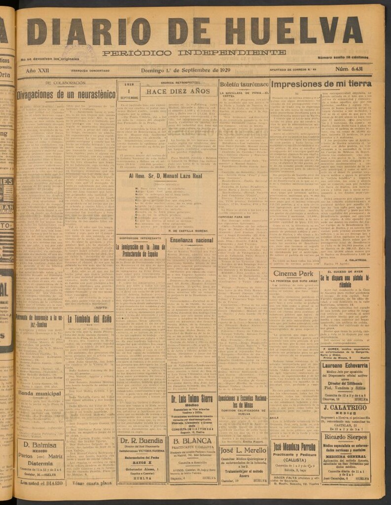 Miniatura de Diario de Huelva : periódico independiente del 1 de septiembre de 1929