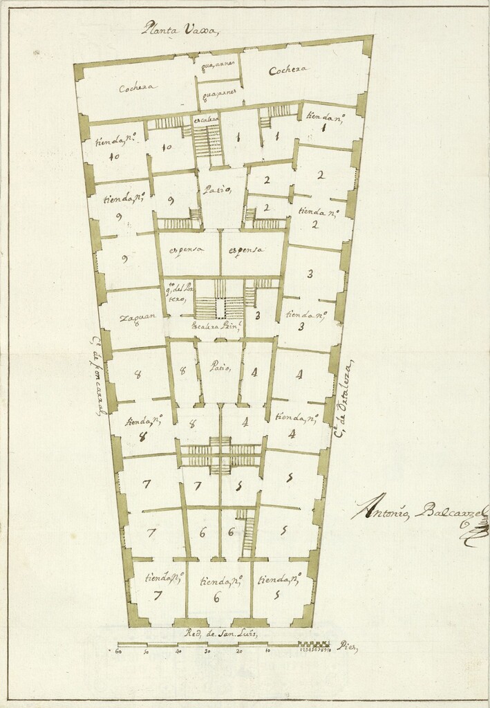 Miniatura de Plano para la construcción de una casa situada en la Red de San Luis con fachada a la de Hortaleza y Fuencarral, propiedad de Don Pedro de Astrearena