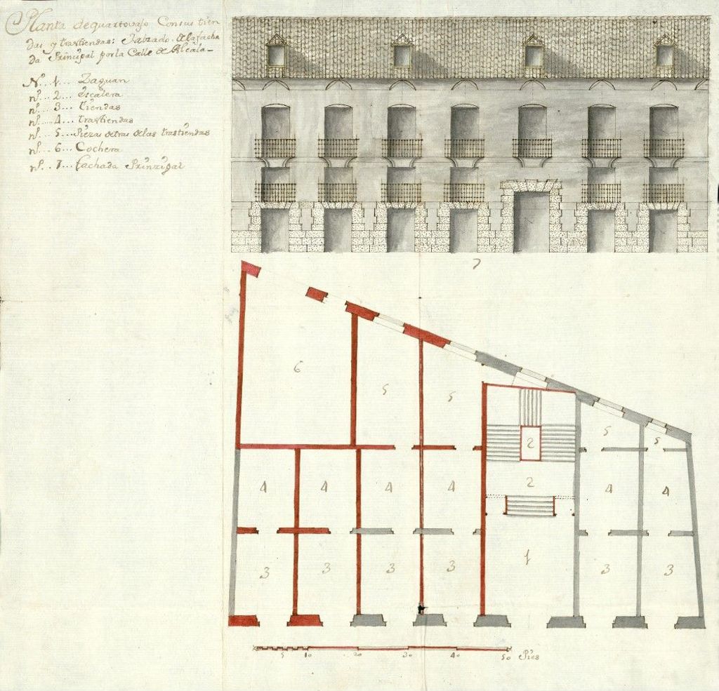 Miniatura de Planta de cuarto bajo con sus tiendas y trastiendas, y alzado de la fachada principal de las casas de Doña Catalina Teresa de las Monedas