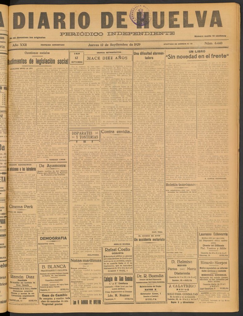 Miniatura de Diario de Huelva : periódico independiente del 12 de septiembre de 1929