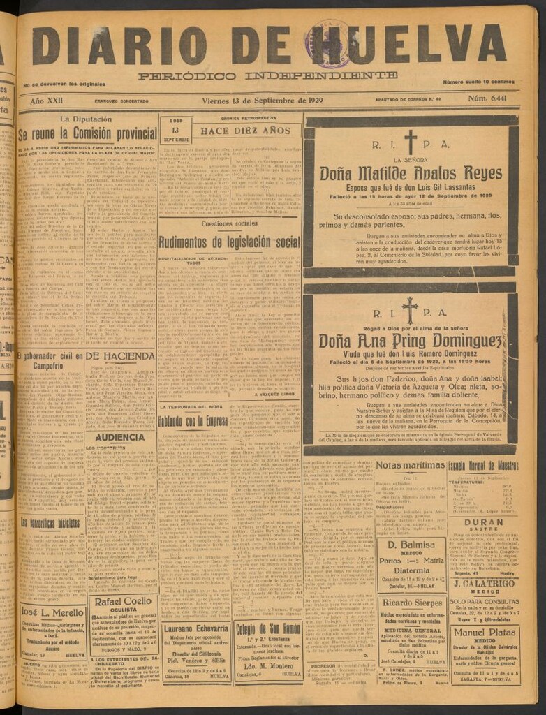 Miniatura de Diario de Huelva : periódico independiente del 13 de septiembre de 1929