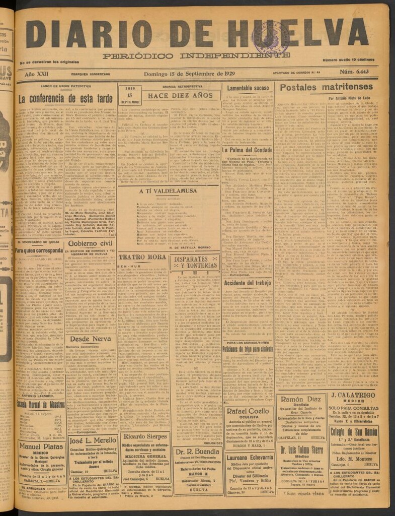 Miniatura de Diario de Huelva : periódico independiente del 15 de septiembre de 1929